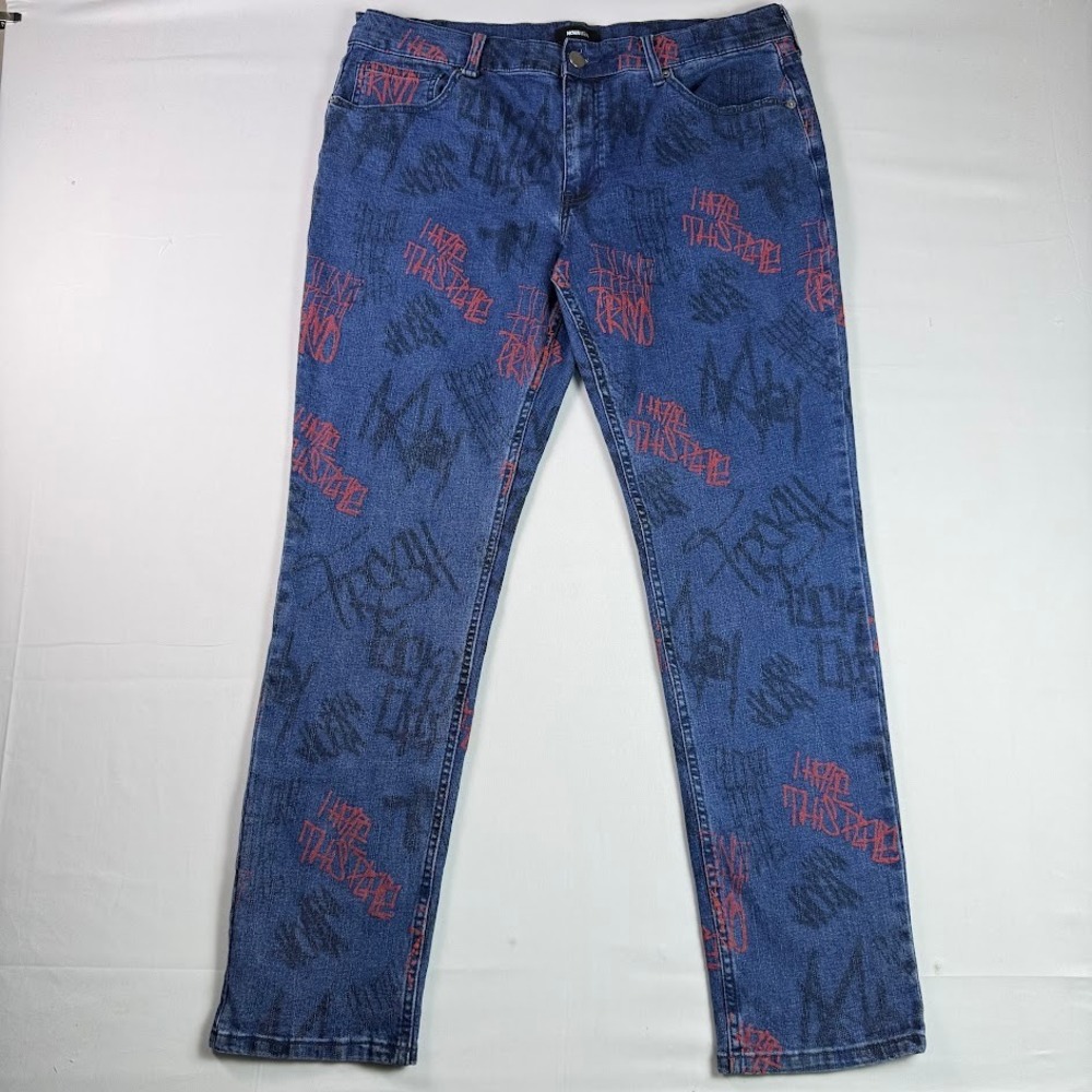 Fashion Nova Men Blue Graffiti Graphic Print Denim Jeans 38x32 Streetwear Slim